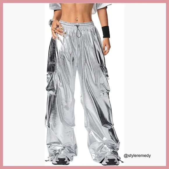 Metallic Cargo Pants Wide Leg Baggy Joggers Polyester Blend - Picture 1 of 5